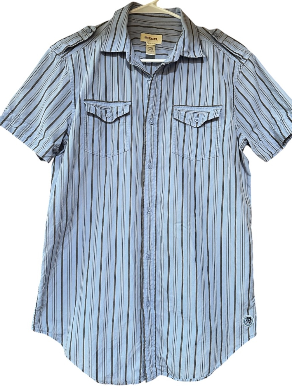 Diesel Light Blue & Brown Striped Short Sleeve Button-Up Shirt